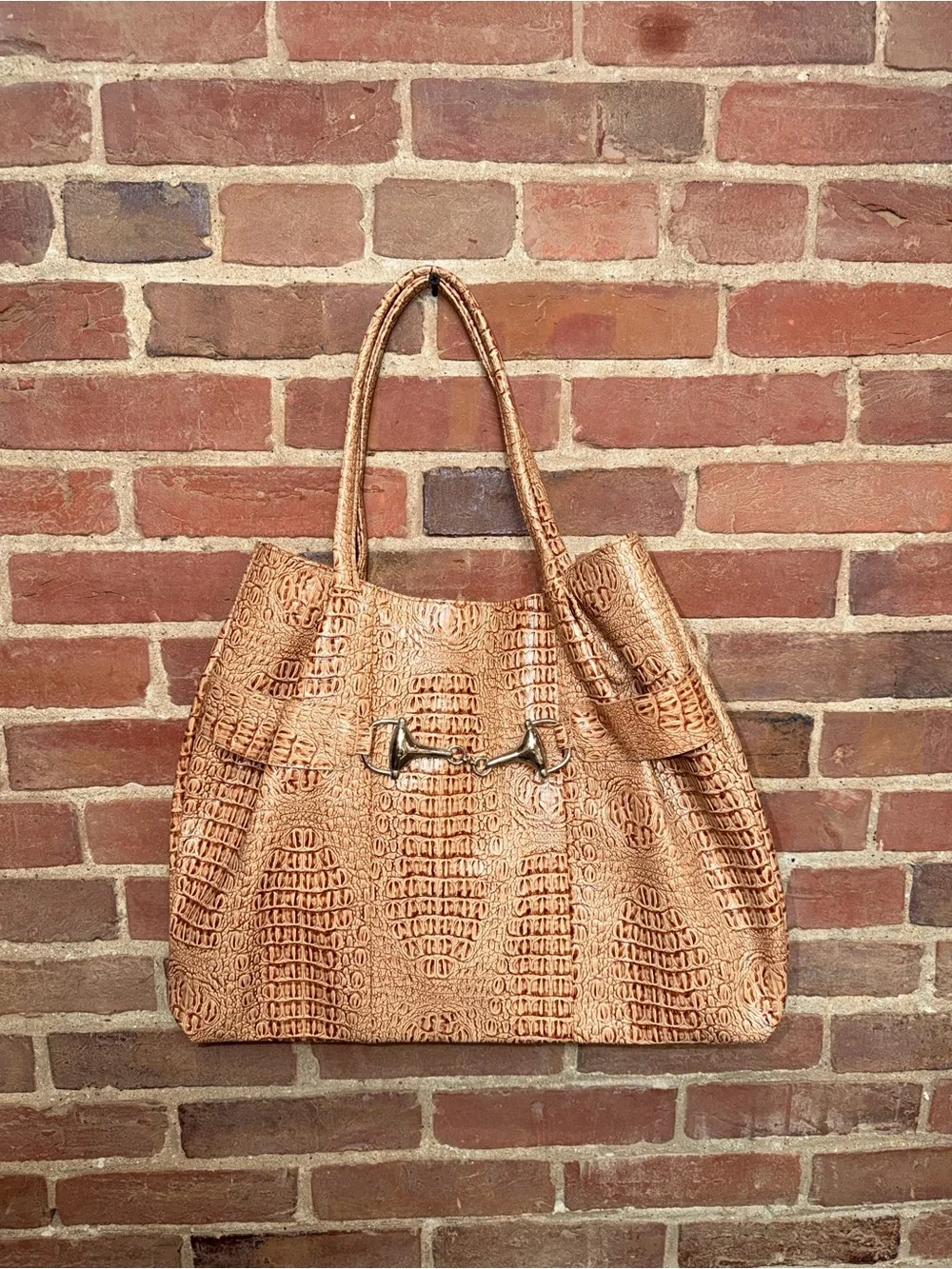 Tan Croc-Embossed Leather Tote Bag Shoulder Purse Carry On